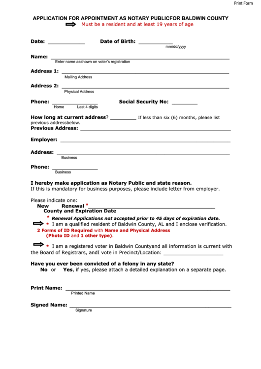 Fillable Application For Appointment As Notary Public For Baldwin County Printable pdf
