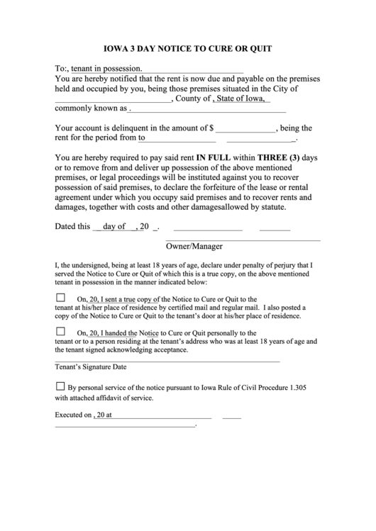 Fillable Iowa 3 Day Notice To Cure Or Quit Printable pdf