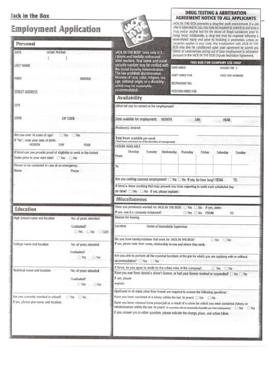 Jack In The Box Application Form Printable pdf