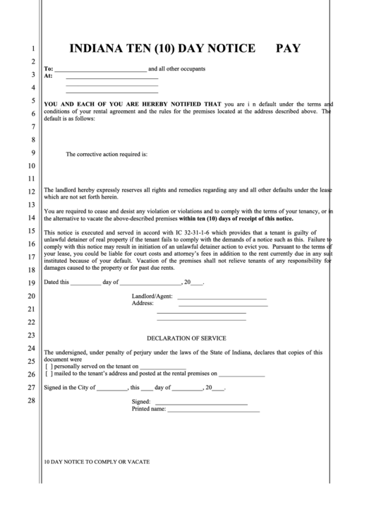 Fillable Indiana Ten (10) Day Notice To Pay Printable pdf
