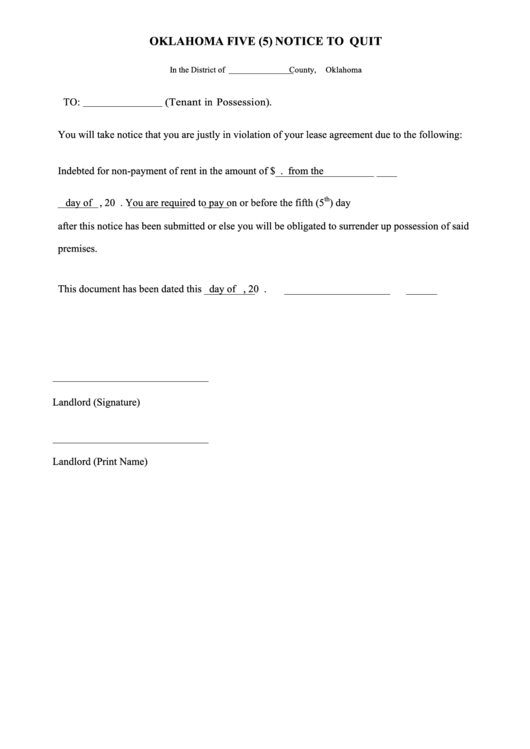 Fillable Oklahoma Five (5) Day Notice To Quit Form Printable pdf