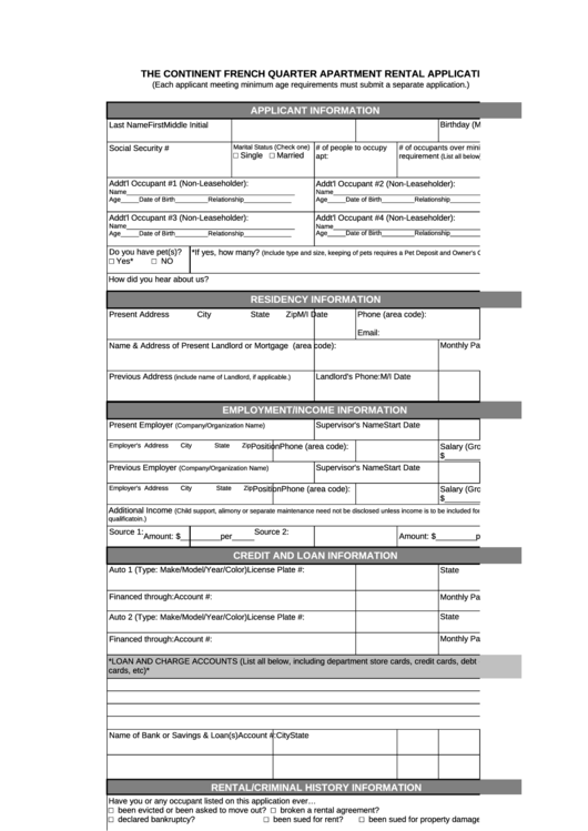 The Continent French Quarter Apartment Rental Application Form