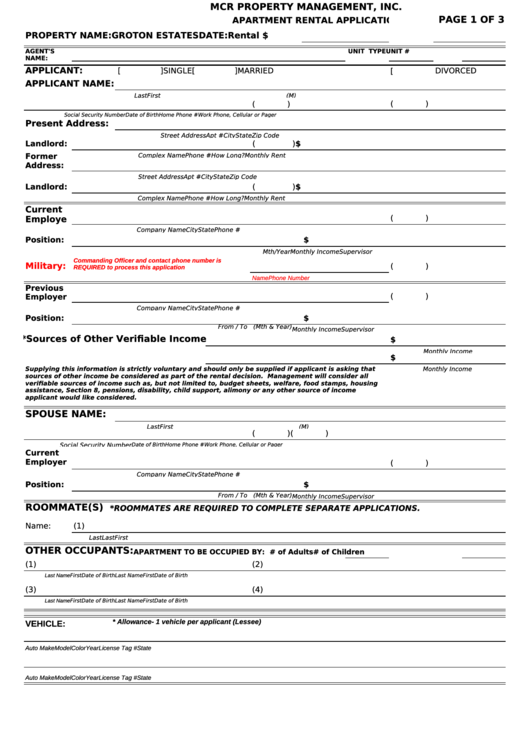 Apartment Rental Application Form Printable pdf