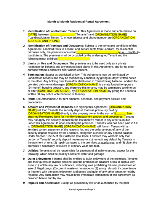 California Month To Month Residential Rental Agreement Template 