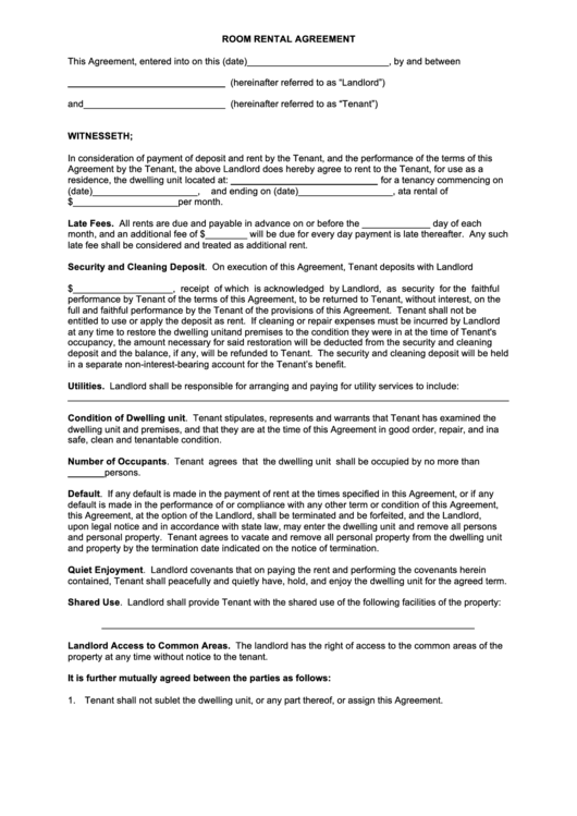 Fillable Blank Room Rental Agreement Form Printable pdf