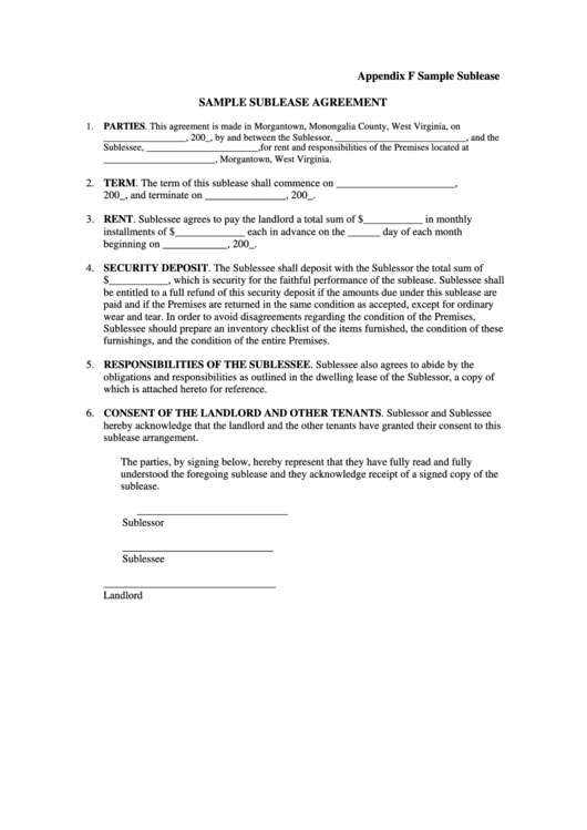 Sample Sublease Agreement Template Printable pdf