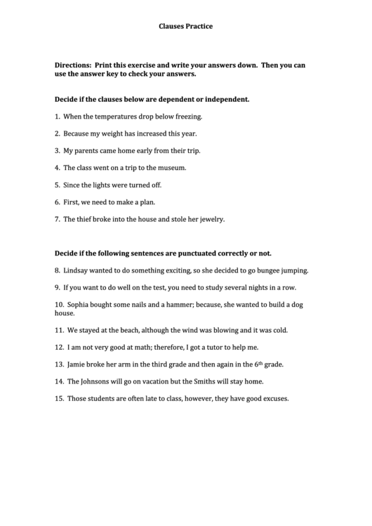 Clauses Practice Worksheet Printable pdf