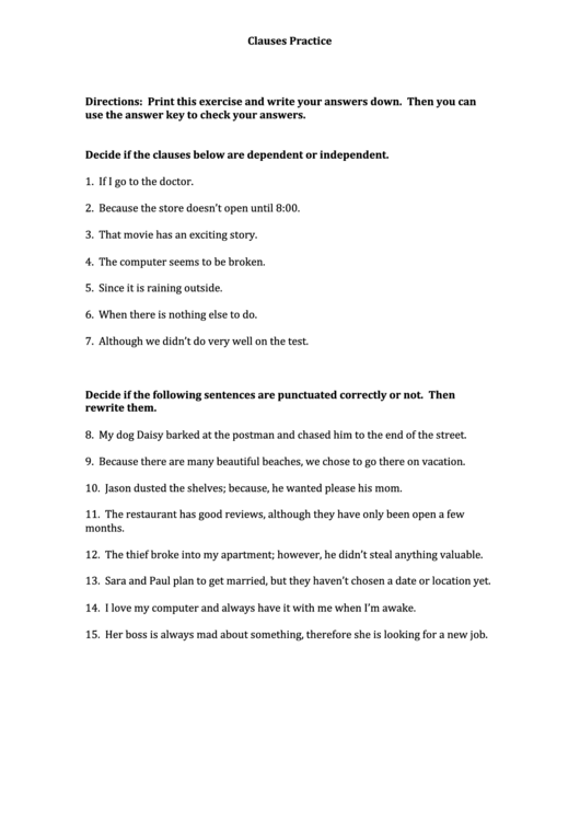 Clauses - Practice Worksheet Printable pdf