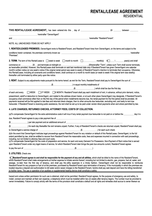 Rental/lease Agreement - Residential Printable pdf