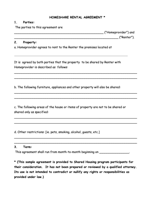 Fillable Homeshare Rental Agreement Template Printable pdf