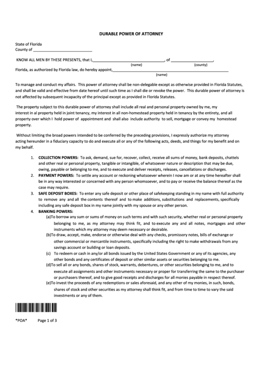 Fillable Durable Power Of Attorney - State Of Florida Printable pdf