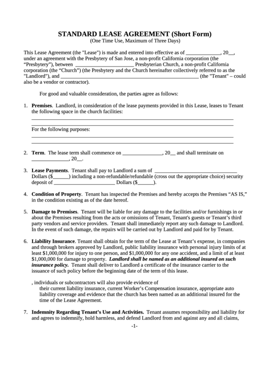 Standard Lease Agreement Template (Short Form) Printable pdf