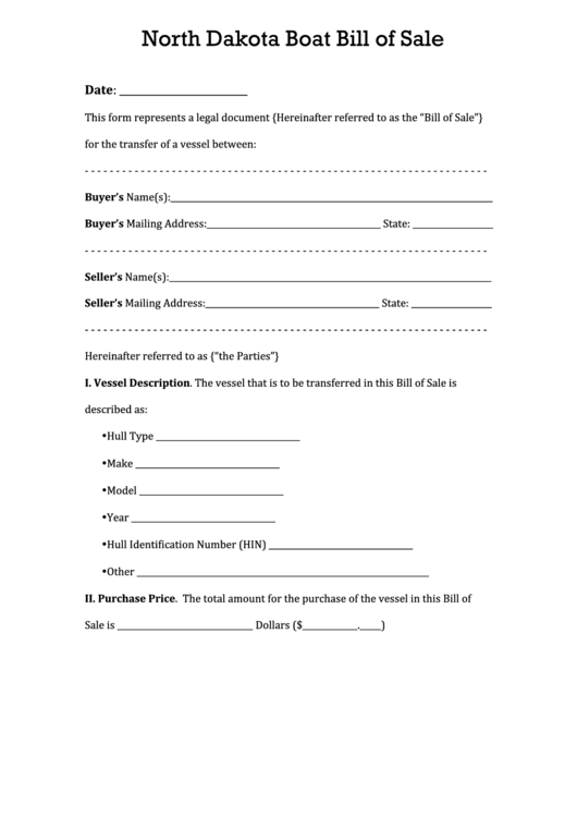 Fillable North Dakota Boat Bill Of Sale Printable pdf