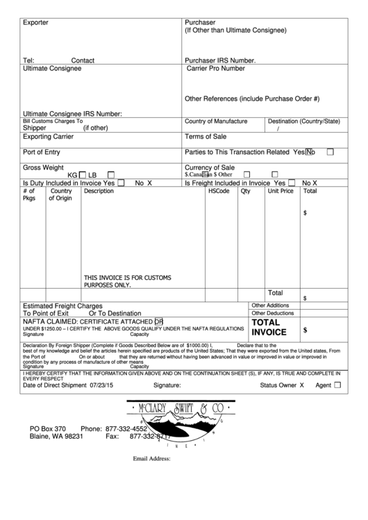 U.s. Customs Invoice Template Printable pdf