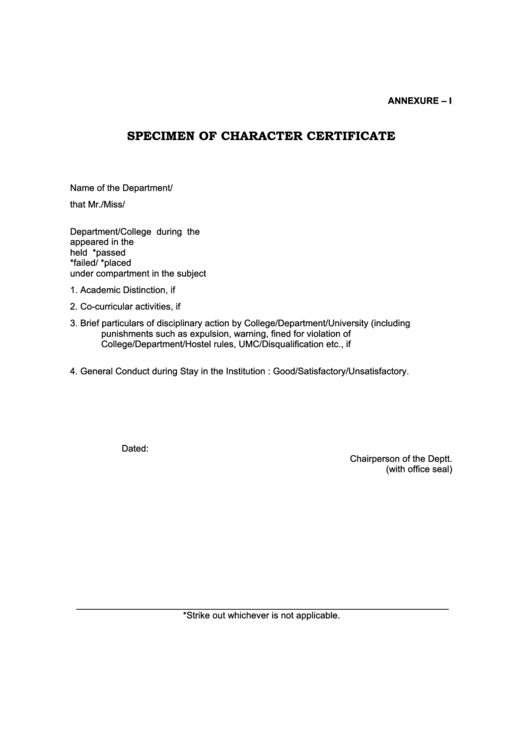 Specimen Of Character Certificate Printable pdf