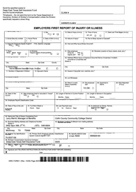 Dwc Form-1 - Employers First Report Of Injury Or Illness - 2005 Printable pdf