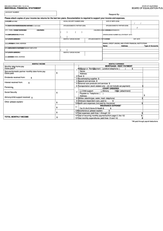 Fillable Form Boe-403-E - Individual Financial Statement - 2014 Printable pdf