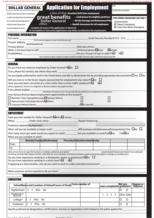 Dollar general job application form pdf