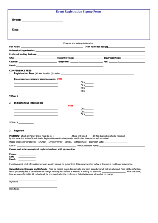 Fillable Event Registration Signup Form Printable pdf