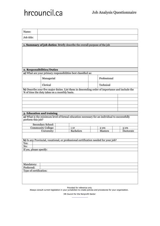 Job Analysis Questionnaire Printable pdf