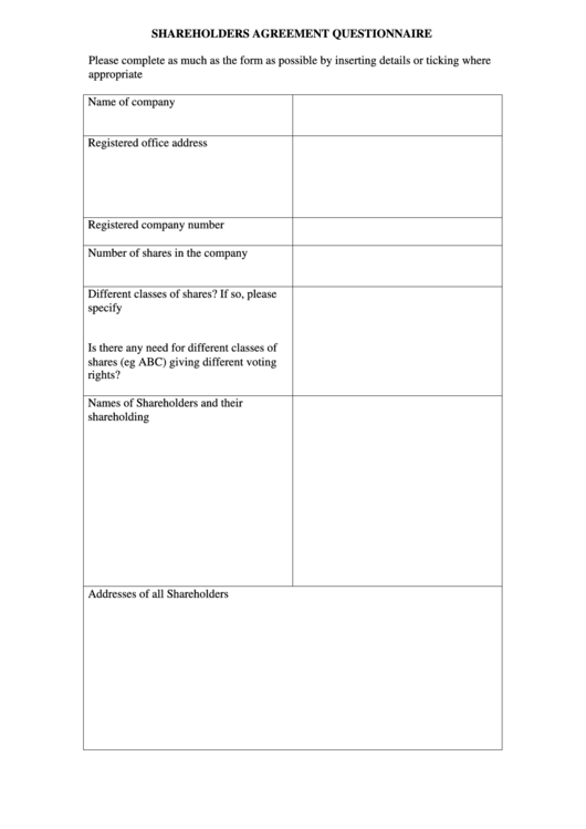 Shareholders Agreement Questionnaire Template Printable pdf
