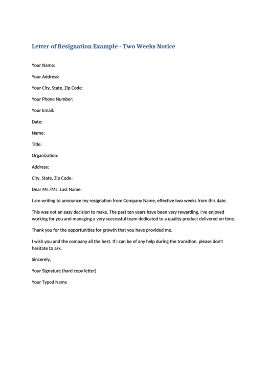 Letter Of Resignation Template - Two Weeks Notice Printable pdf