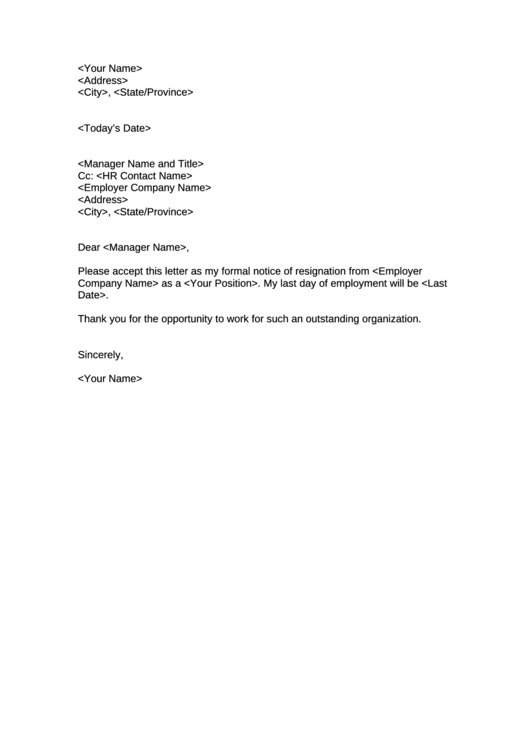 Resignation Letter Template Printable pdf