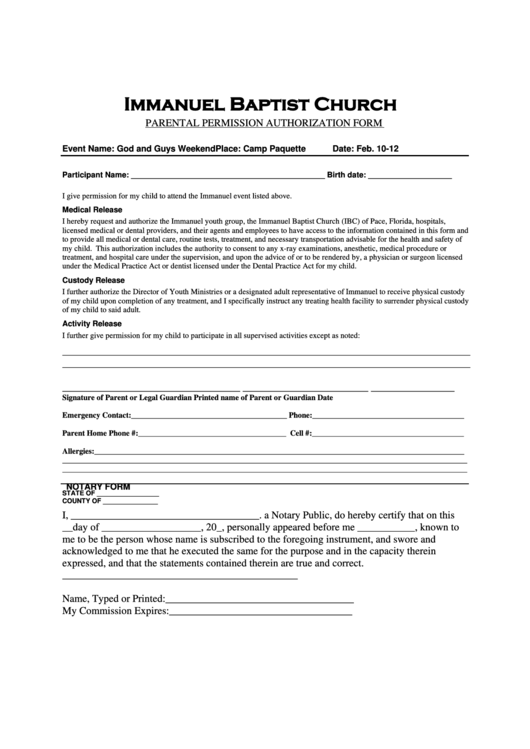 Immanuel Baptist Church Parental Permission Authorization Form