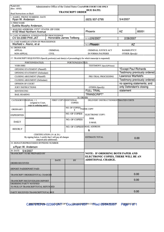 Fillable Form Ao 435 - Transcript Order - Administrative Office Of The United States Courts - 2005 Printable pdf