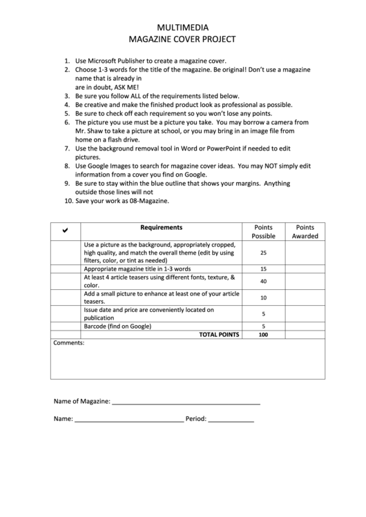 Multimedia Magazine Cover Project Evaluation Form Printable pdf