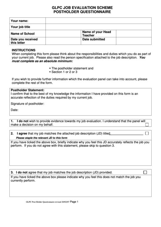 Glpc Job Evaluation Scheme Postholder Questionnaire Printable pdf