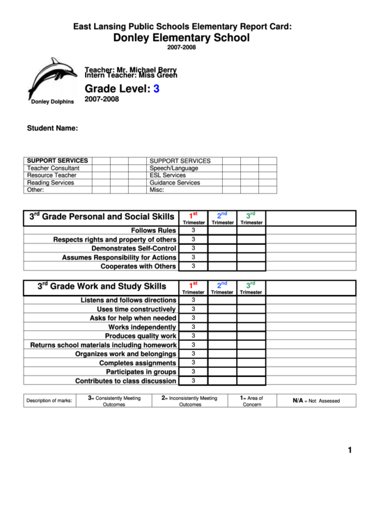 Elementary Report Card Printable pdf