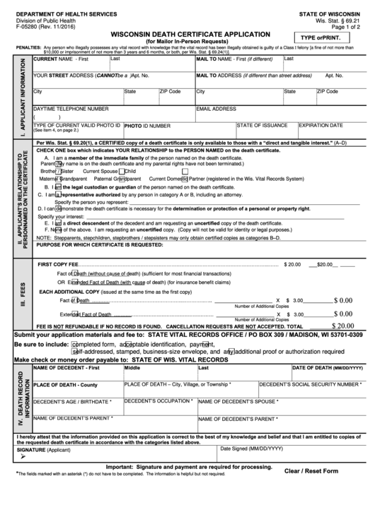 Fillable Form F-05280 - Wisconsin Death Certificate Application Printable pdf