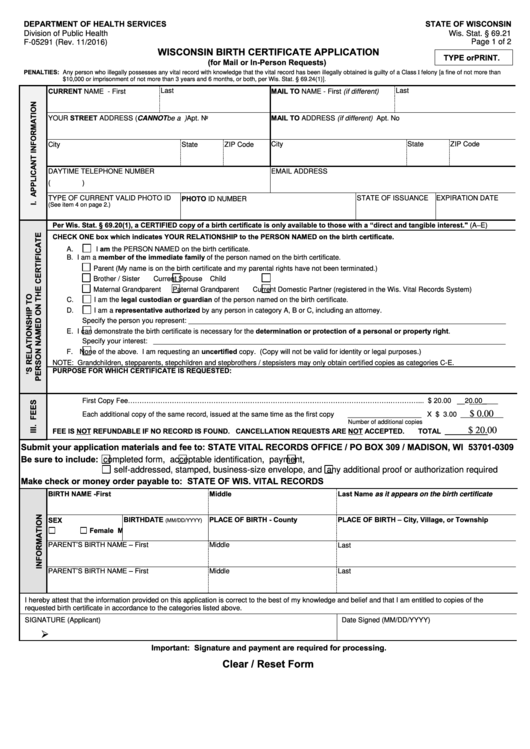 Fillable Form F-05291 - Wisconsin Birth Certificate Application Form Printable pdf