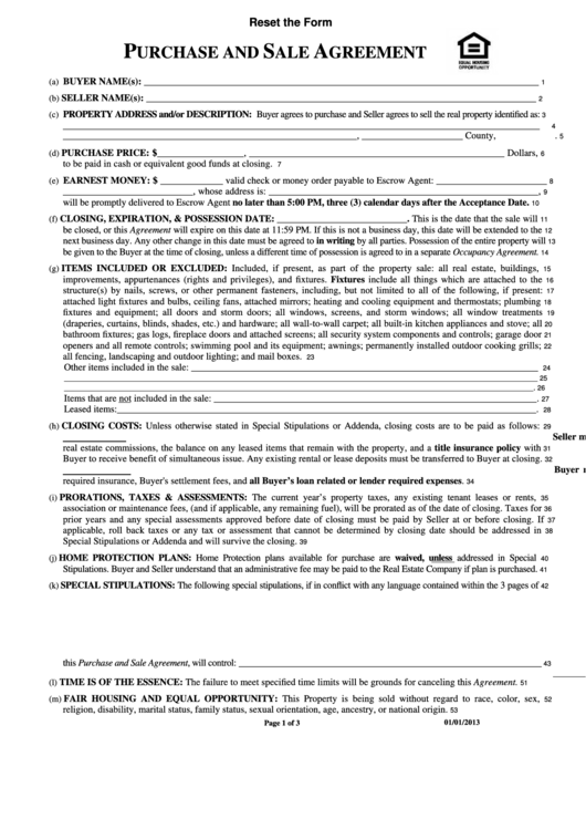 Purchase And Sale Agreement Template