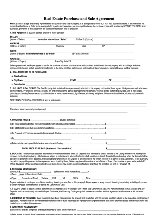 Real Estate Purchase And Sale Agreement Template Printable pdf