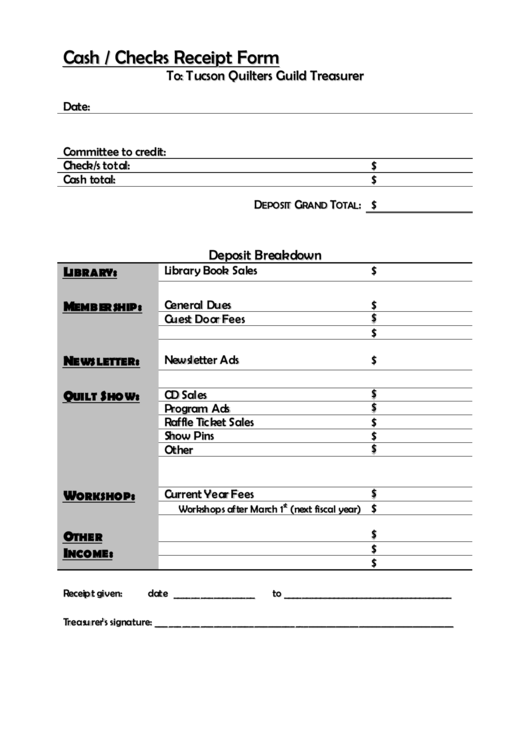 Cash / Checks Receipt Form Printable pdf