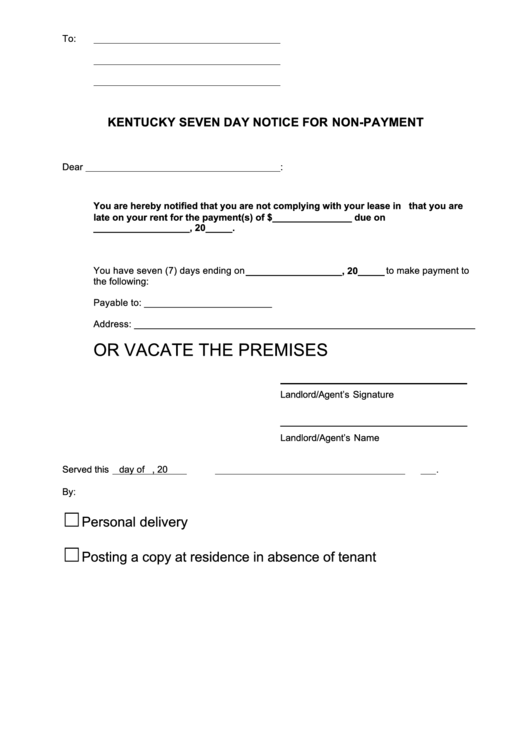 Fillable Kentucky Seven Day Notice For Non-Payment Form Printable pdf