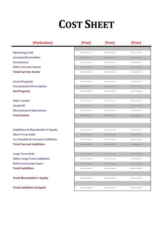Profit And Loss Cost Sheet Template Printable pdf