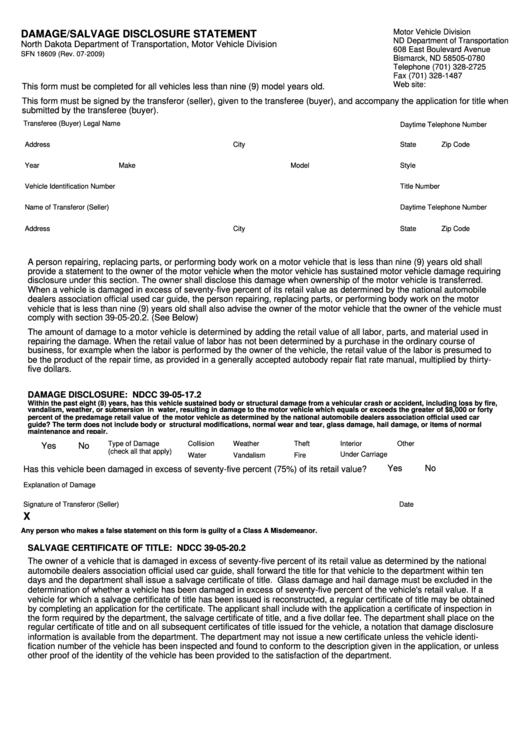 Fillable Form Sfn 18609 - Damage/salvage Disclosure Statement Printable pdf