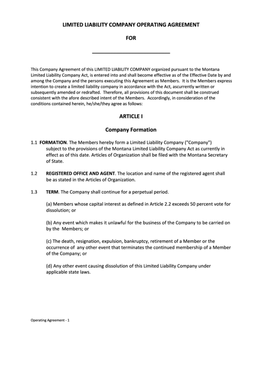 Limited Liability Company Operating Agreement - Limited Liability Company Printable pdf