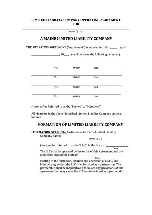 Fillable Limited Liability Company Operating Agreement Printable pdf