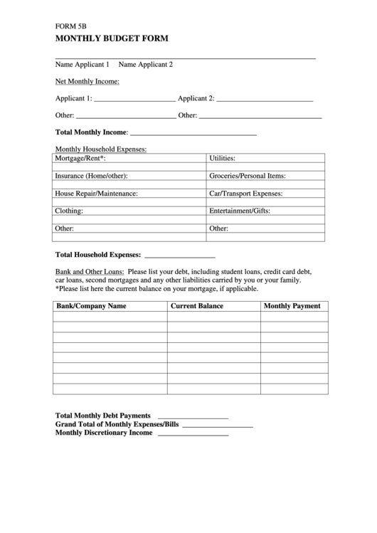 Monthly Budget Form Printable pdf