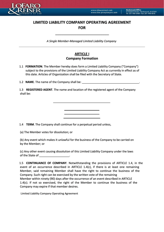 Limited Liability Company Operating Agreement Template - A Single Membermanaged Limited Liability Company Printable pdf