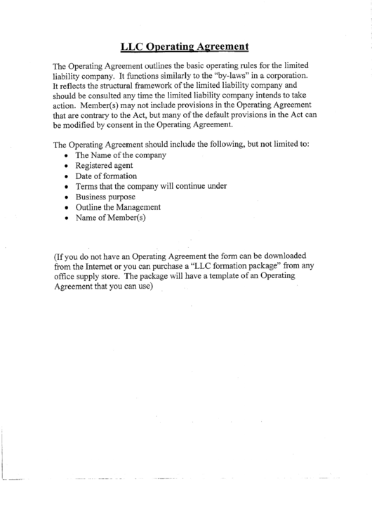 Llc Operating Agreement Printable pdf