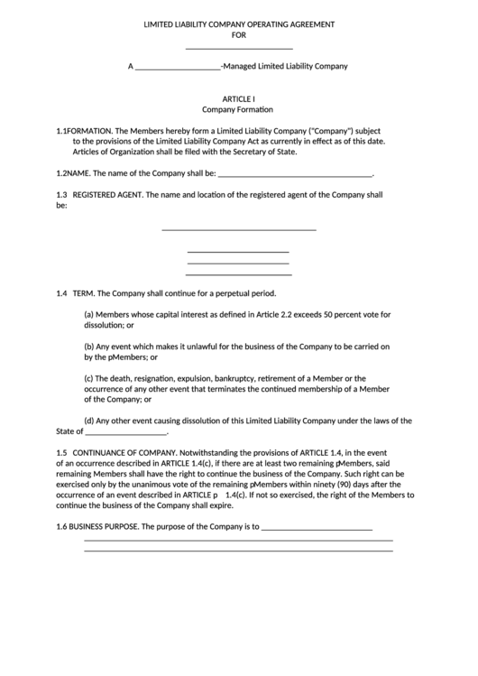 Limited Liability Company Operating Agreement Printable pdf