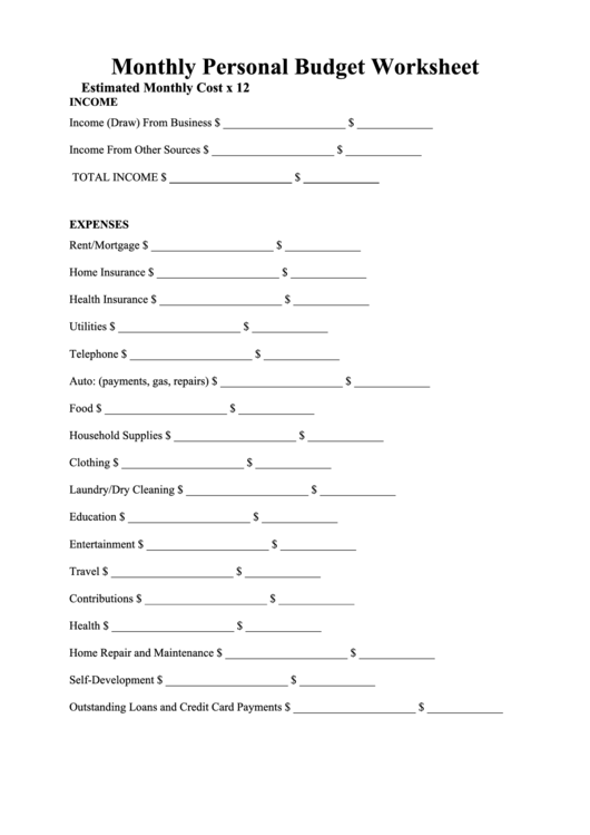 Monthly Personal Budget Worksheet Template Printable pdf