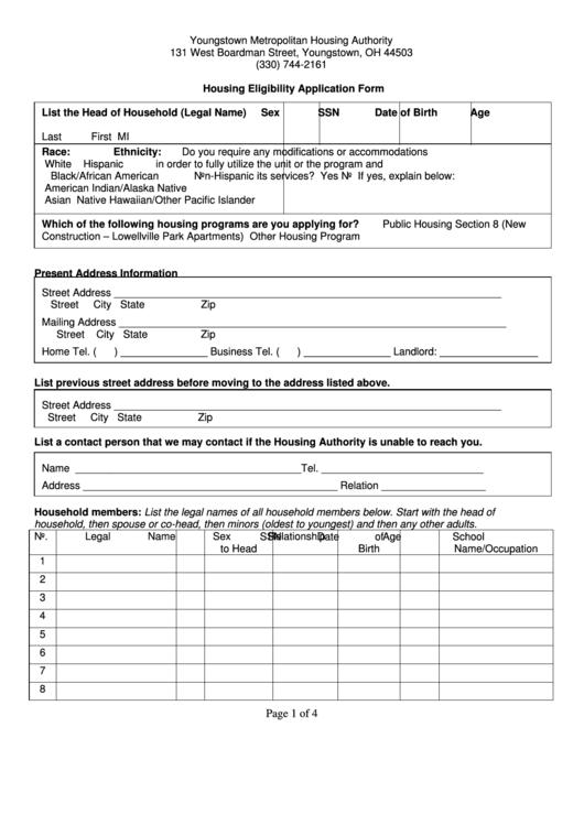 Fillable Youngstown Metropolitan Housing Authority Housing Eligibility Application Form Printable pdf