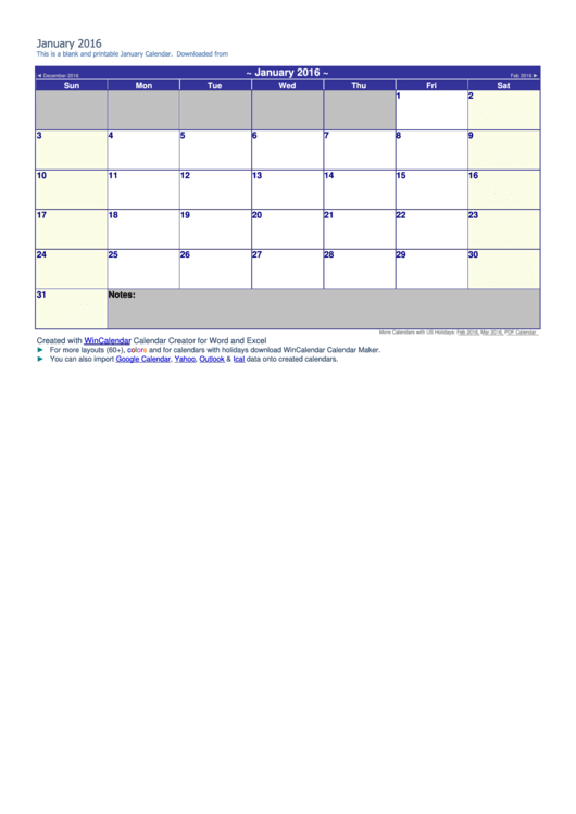 Fillable January 2016 Calendar Template Printable pdf