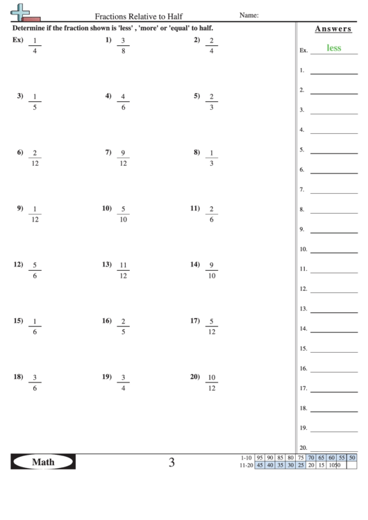 Fractions Relative To Half Worksheet With Answer Key Printable pdf